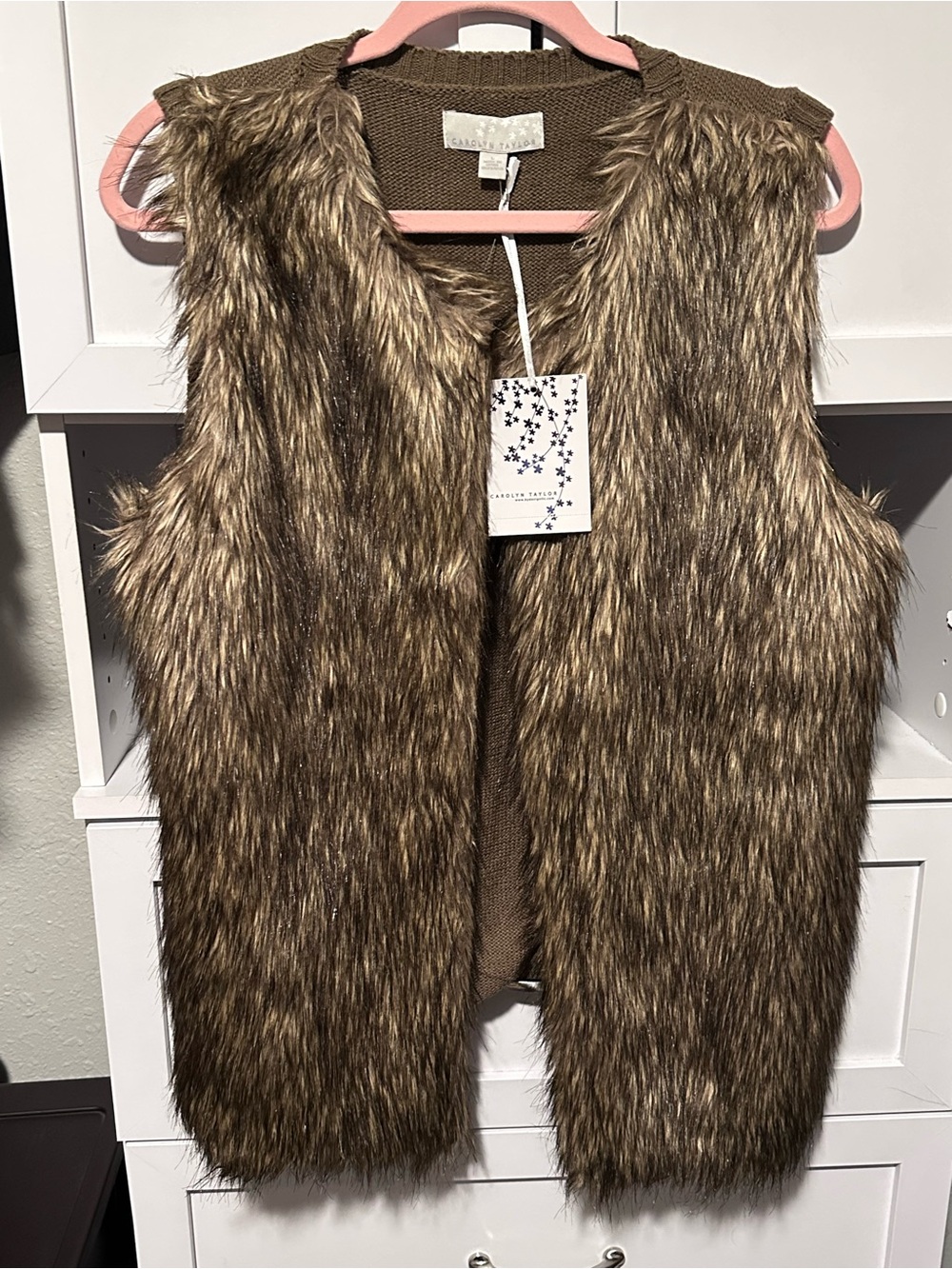 NWT Carolyn Taylor Brown Faux Fur Knit Back Vest Size Large Boho Western